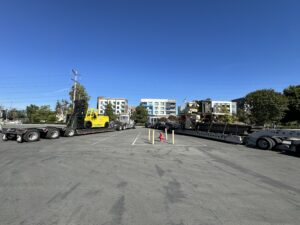 Trucks parked in urban parking lot.